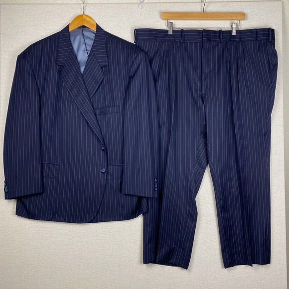 2 Piece Suit Mens 56R 48x28 Navy Pinstripe Wool Bespoke USA Made Dandy Old Money